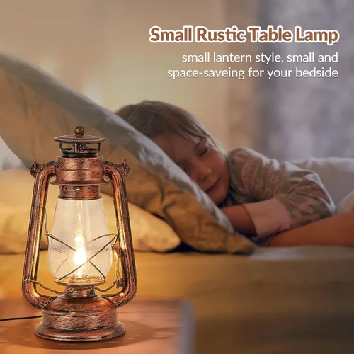 Vista 5 de NOXARTE Lámpara de mesa rústica con diseño de farol antiguo enchufable, luz nocturna perfecta para dormitorio, sala de estar, 15 pulgadas de alto x