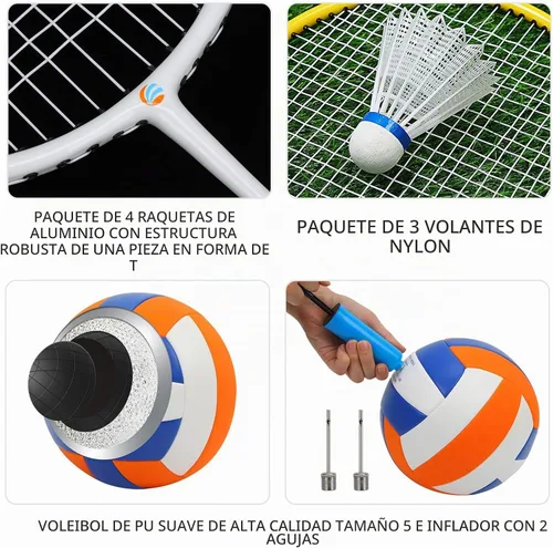 Vista 7 de Conjunto combinado de bádminton de voleibol al aire libre con red, diseño antiflacidez, 4 raquetas de bádminton, 3 pajaritos y voleibol