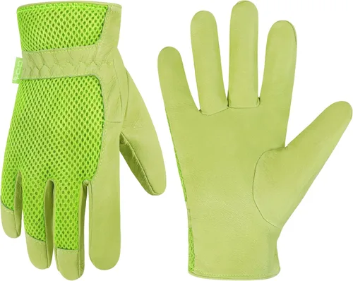Vista 11 de HANDLANDY Guantes de trabajo para mujer, guantes de jardinería de cuero transpirable para mantenimiento de patio, protección de manos con pantalla