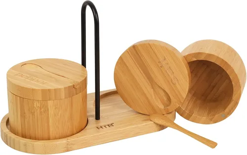Vista 10 de Sal de bambú HTB con mini cuchara y tapa giratoria magnética Kitchen Salt Box 8 Oz for Countertop,Round Salt Container to Storage Pepper Spice
