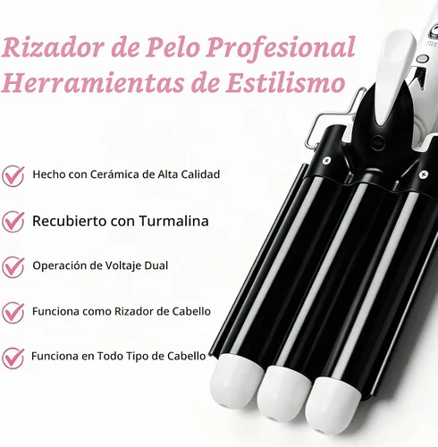 Vista 2 de Crimpadora de cabello rizador de tres barriles: herramienta de pelo Aleath de doble voltaje, rizador de hierro de 1 pulgada y 3 barriles