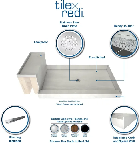 Vista 6 de Tile Redi P3248C-RB32-KIT Plato de Ducha y Banco con Desagüe Central - Base de Ducha de Bordillo Único, Banco, Desagüe de PVC de 2" y Placa
