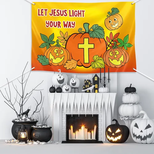 Vista 5 de Preboun 3 carteles de telón de fondo de calabaza cristiana de Halloween para fiestas, 40 x 60 pulgadas, decoración religiosa de tronco o trato
