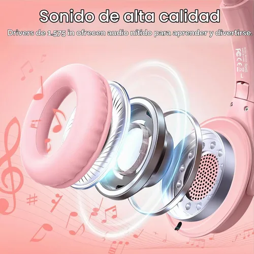 Vista 5 de Auriculares para niños con cable con micrófono HD, auriculares USB C Rosa