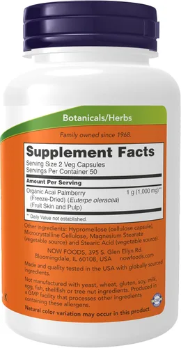 Vista 2 de Suplementos AHORA, Acai 500 mg, súper fruta liofilizada, 100 cápsulas vegetales
