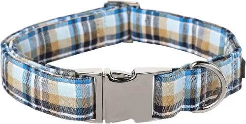 Vista 9 de Collar para perro Lionet Paws Boy, cómodo, ajustable, lindo collar a cuadros azules con hebilla de metal para cachorros machos y gatos, XS, cuello