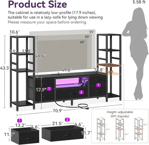 Vista 3 de Casaottima Soportes de TV de 71 pulgadas para centro de entretenimiento de TV de 43, 50, 55 pulgadas con luces LED y tomas de corriente, soporte