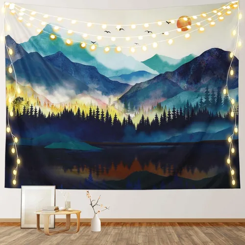Vista 10 de RosieLily Tapiz de montaña, 51 x 59 pulgadas, acuarela natural, bosque brumoso y paisaje de puesta de sol para dormitorio