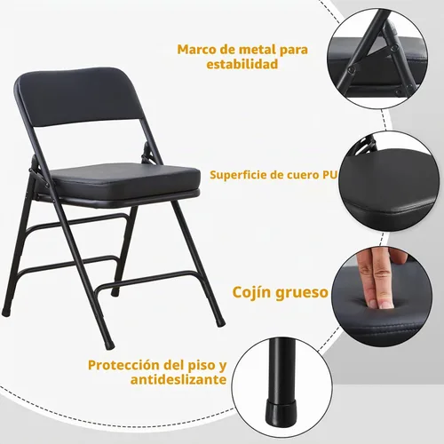 Vista 4 de BOOSDEN Silla plegable acolchada negra, silla plegable resistente con cojín grueso, silla de metal plegable para interiores y exteriores, silla