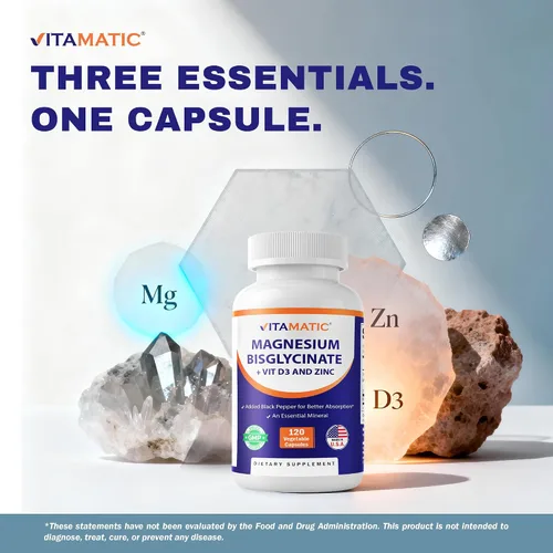Vista 4 de Vitamatic Magnesio (de bisglicinato y óxido) con vitamina D3 y zinc - 120 cápsulas vegetales - Apoya la salud muscular, articulaciones, nervios