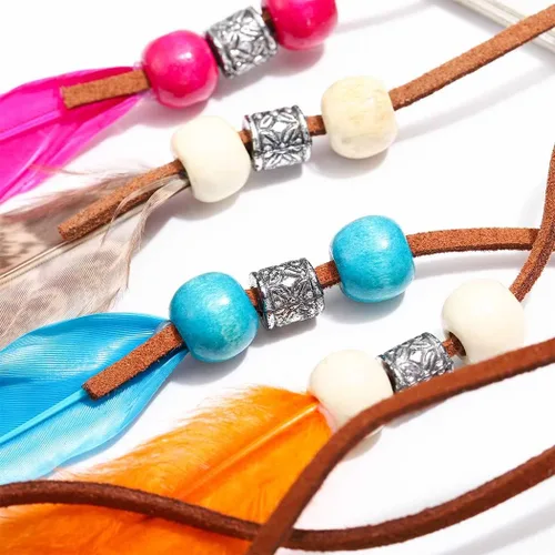 Vista 3 de Outyua Thurquoise Bohomian - Tocado de plumas largas de plumas gitanas nativas de pavo real diadema ajustable de plumas