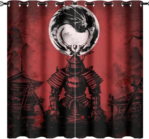 Vista 24 de Cortinas opacas abstractas japonesas samuráis para dormitorio, caballo samurái rústico, rojo, ojal, aislamiento térmico, cortinas de oscurecimiento