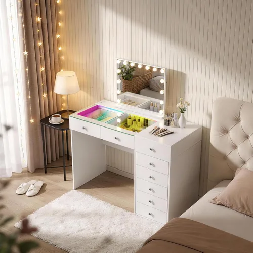 Vista 2 de VANITII - Espejo Hollywood con luces, altavoz con carga USB, espejo de maquillaje iluminado con bombillas, 3 modos de iluminación y espejo