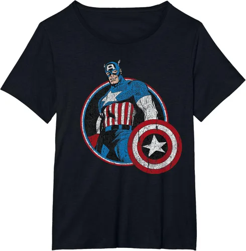 Vista 32 de Marvel Avengers Vintage Capitán América Comic Hero Retrato Camiseta Pequeña Negro