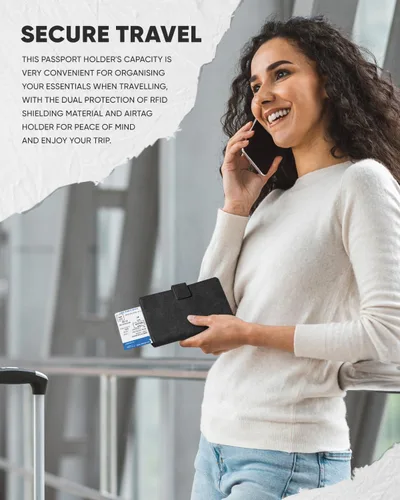 Vista 2 de VULKIT Cartera de pasaporte compatible con Airtag Holder Bifold Travel Card Holder, Negro