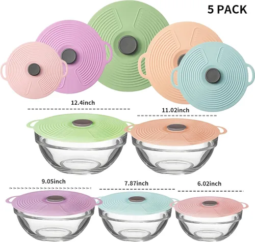 Vista 3 de Paquete de 5 tapas de silicona para cuencos, cubierta de salpicaduras de microondas, 5 tamaños, tapas de succión reutilizables resistentes al calor