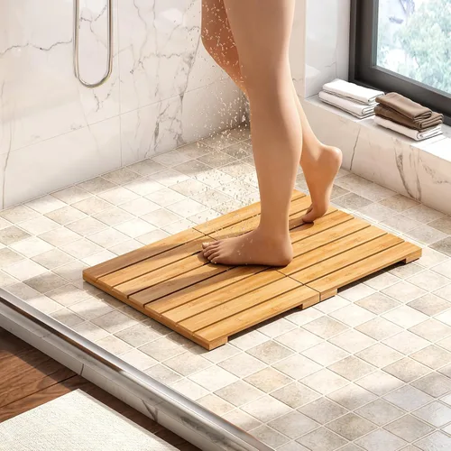 Vista 3 de Tapete de baño de bambú impermeable para ducha, tapete de madera para baño, plegable, antideslizante, resistente, tapete de ducha para interiores