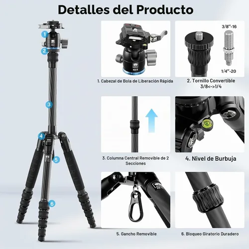 Vista 2 de SIRUI Trípode de viaje de fibra de carbono - Trípode compacto ligero de 55.1 pulgadas con cabezal de bola panorámica de 360°, placa de liberación