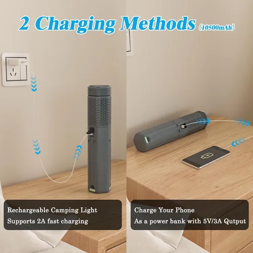 Vista 6 de Luz telescópica para campamento con soporte, linterna de campamento recargable de 10500 mAh, linterna portátil regulable con bolsa