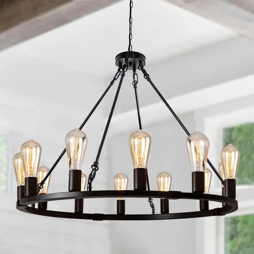 Vista 22 de Lámpara de araña de madera de granja de 19.49 pulgadas, lámpara rústica de comedor de 4 luces, lámpara de araña de altura ajustable, iluminación