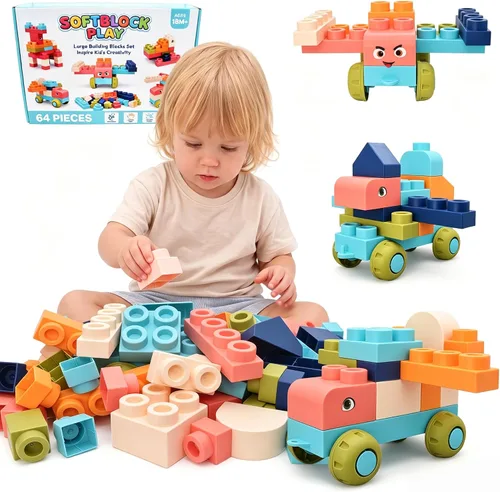 Vista 8 de Bloques de construcción suaves de 64 piezas para niños pequeños de 1 a 3 Colores Macaron