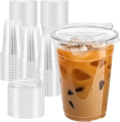 Vista 8 de Clawsoff Paquete de 50 vasos de plástico transparente de 12 onzas con tapas, tazas de café helado resistentes con tapas para sorbos, vasos