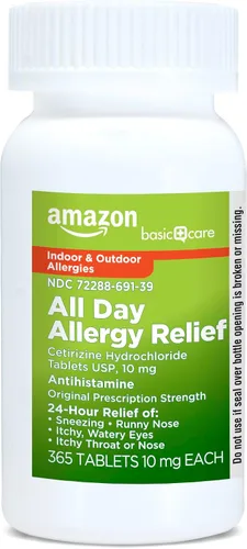 Vista 6 de Amazon Basic Care - Pastillas All Day Allergy de 10 mg de diclorhidrato de cetirizina, antihistamínico, 365 comprimidos