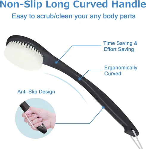 Vista 5 de Cepillo de espalda de mango largo para ducha, depurador de cerdas suaves para la ducha, ergonómico curvado de mango largo, cepillo de baño
