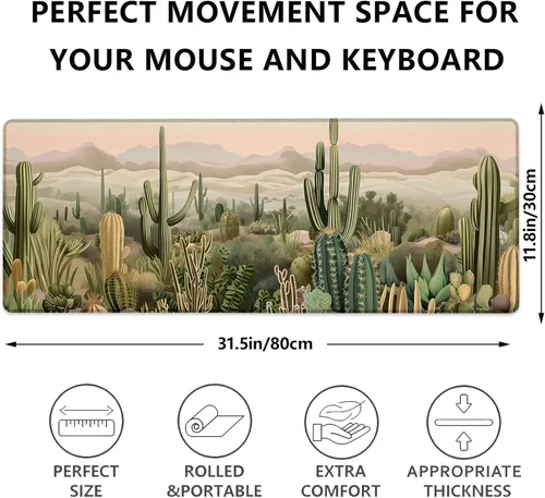 Vista 3 de Alfombrilla de mouse para juegos con temática de cactus, tapete de escritorio grande de paisaje sereno para computadora, teclado extendido, laptop