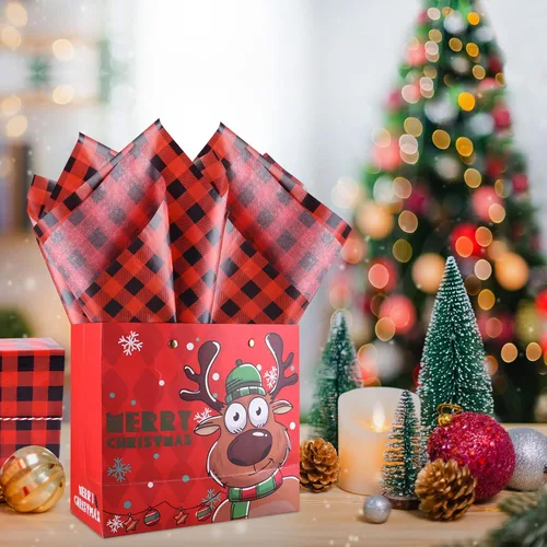 Vista 7 de MIAHART 60 hojas de papel de seda de Navidad de 14 x 20 pulgadas, estilos de búfalo, color rojo y negro, papel de seda para envolver regalos