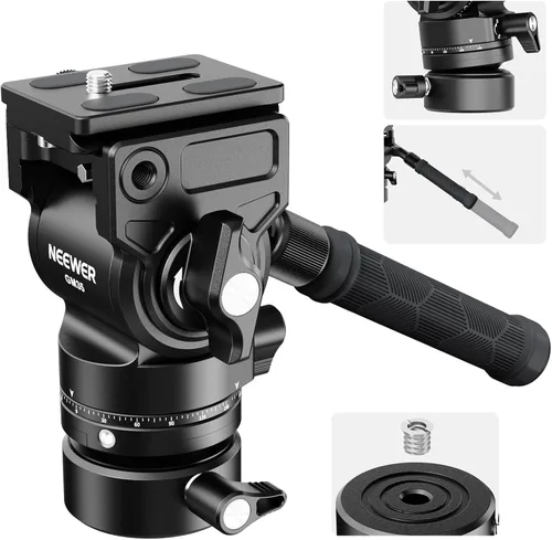 Vista 14 de NEEWER Trípode con cabeza fluida con base de nivelación +/-10° (37mm de diámetro), cabeza de pan y tilt de metal con placa QR tipo Arca, mango