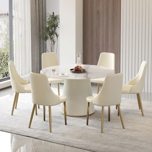 Vista 9 de Mesa de comedor redonda para 6, mesa de piedra sinterizada con marco de madera maciza, mesa de comedor blanca de 53 pulgadas para comedor y cocina