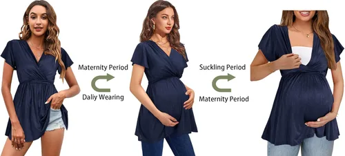 Vista 2 de OUGES 2024 - Camisetas de maternidad para mujer, manga corta, cuello en V, lazo en la espalda, ropa de maternidadtúnica casual para embarazo