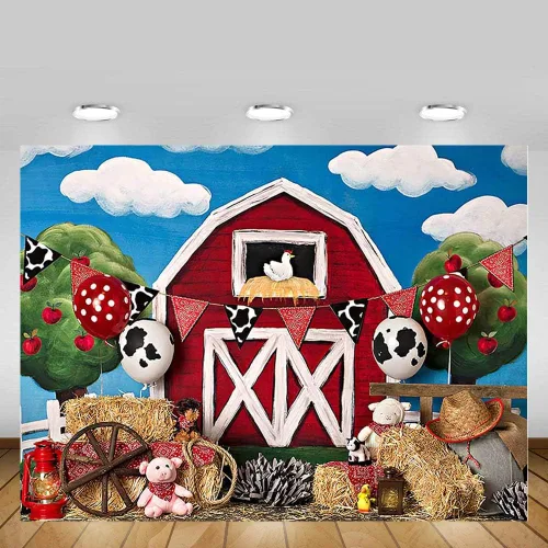 Vista 4 de MEHOFOTO - Fondo de cabina de estudio fotográfico de granero rojo de granja, animales rústicos, césped verde, cielo, decoración de fiesta
