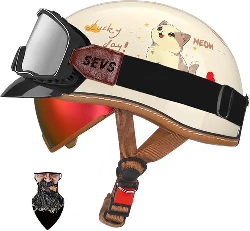 Vista 12 de Casco Moto Retro Jet para hombres y mujeres Homologado DOT, Medio Casco ABS, Ventilación Doble, Visera Retráctil y Forro Desmontable Fresco