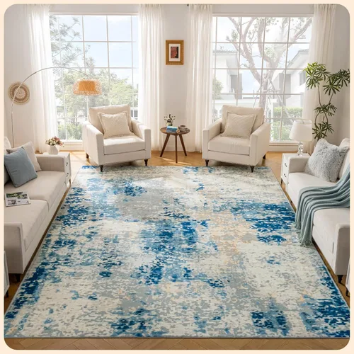 Vista 108 de Istana Alfombra larga antideslizante de 2.5 x 8 para el hogar, para pasillo y cocina, lavable, sedosa y suave al tacto, elegante, color azul y marfil