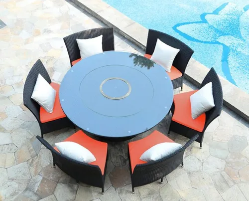 Vista 9 de Manhattan Comfort Nightingdale - Juego de comedor para exteriores de 7 piezas con cristal redondo Lazy Susan, incluye 6 sillas de ratán, cojines