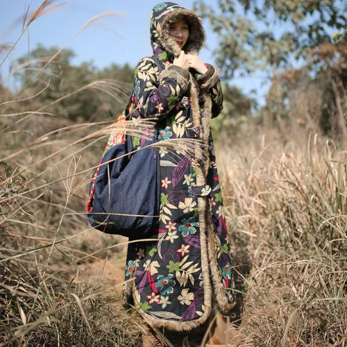 Vista 6 de LZJN - Abrigo cálido para mujer, con estampado floral, chaqueta larga de algodón y lino, vintage, con capucha, acolchado para invierno