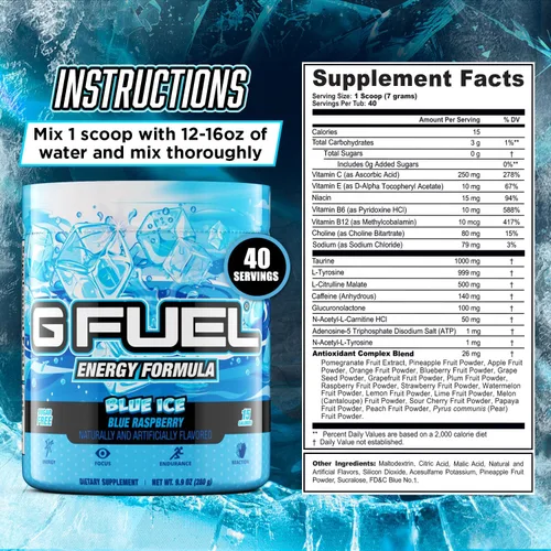 Vista 3 de G Fuel Blue Ice - Bebida energética en polvo, mezcla de cafeína preentrenamiento para juegos, amino de enfoque sin azúcar, vitamina + antioxidantes