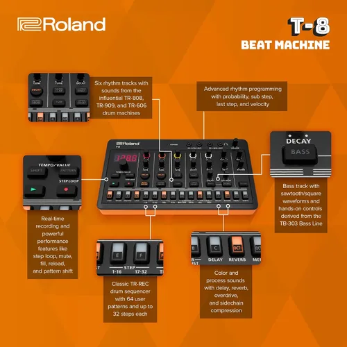 Vista 4 de Roland AIRA Compact T-8 BEAT MACHINE Máquina de ritmo y bajo ultraportátil con sonidos Roland genuinos Secuenciador de batería TR-REC Seis