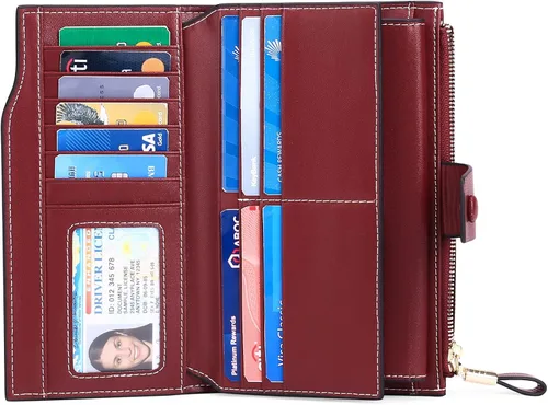 Vista 3 de SENDEFN Carteras de cuero para mujer, con bloqueo RFID, tarjetero con bolsillo con cremallera, rojo (3-red), Cartera de gran capacidad