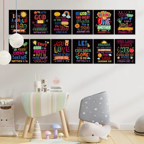Vista 5 de Cinrobiye 12 carteles con versículo bíblico para niños, arte de pared cristiano inspirador con citas de las Escrituras, decoración religiosa