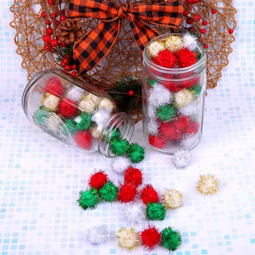 Vista 4 de 200 pompones de Navidad con purpurina de colores surtidos (0.59 pulgadas)