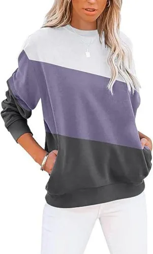 Vista 12 de Sudadera para mujer, casual, cuello redondo, manga larga, bloque de color, suave, holgada, con bolsillo, S-2XL