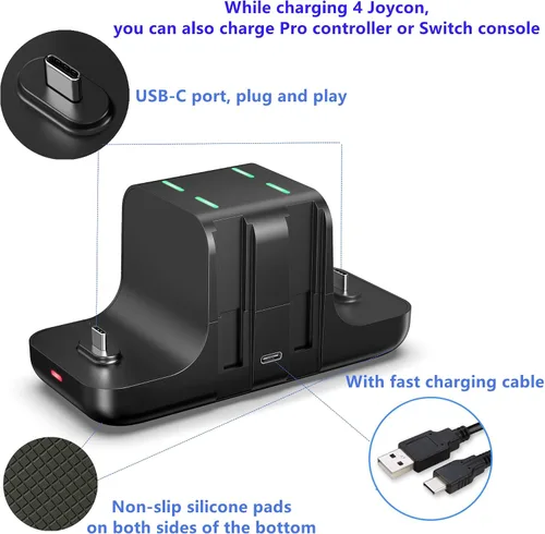 Vista 5 de Estación de carga de controlador mejorada para controlador Nintendo Switch Pro y Joy con, soporte de carga FANPL 6 en 1 para Switch y modelo OLED