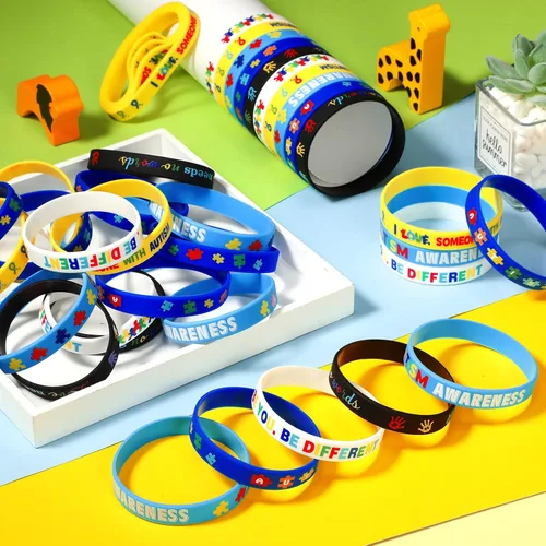 Vista 4 de Yinkin 120 pulseras de conciencia sobre el autismo, pulseras inspiradoras para autismo, pulseras motivacionales de silicona coloridas para niños