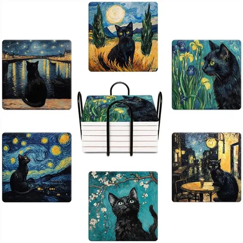 Vista 6 de Juego de 6 posavasos para bebidas, color terracota, azul marino, naranja y dorado, arte abstracto moderno, absorbente, redondo, de cerámica
