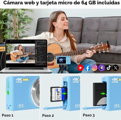 Vista 6 de Cámara digital, cámara digital FHD 4K con tarjeta SD de 64 GB, cámara digital de apuntar y disparar de 44 MP, zoom digital 16X, antivibraciones, 3