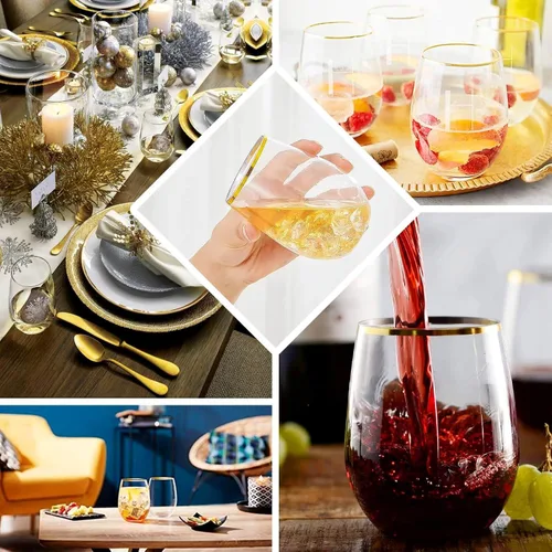 Vista 5 de Efavormart - Paquete de 12 copas de vino de plástico transparente ámbar dorado de 12 onzas con borde dorado, vasos reutilizables para bodas