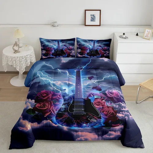 Vista 27 de Castle Fairy Juego de edredón de botas de vaquero, tamaño individual, juego de ropa de cama bohemio con guitarra musical para niños y niños
